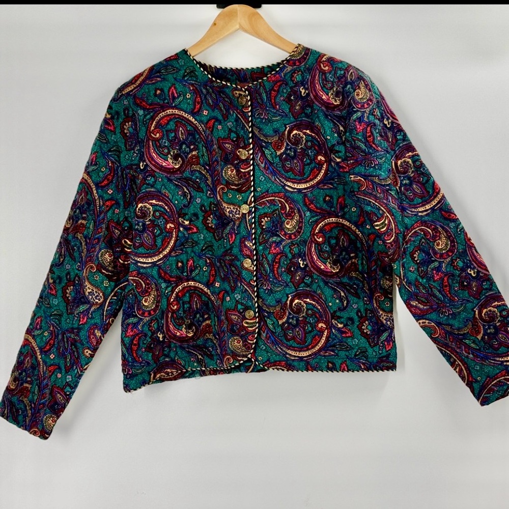 Vintage Worthington quilted boxy blazer jacket braided trim button front womens